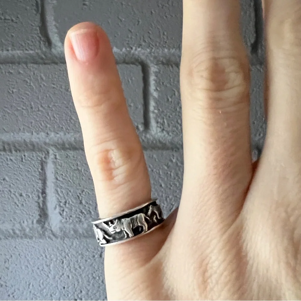 VINTAGE African Safari Animals Sterling Silver Ring Band • Giraffe Zebra Rhino